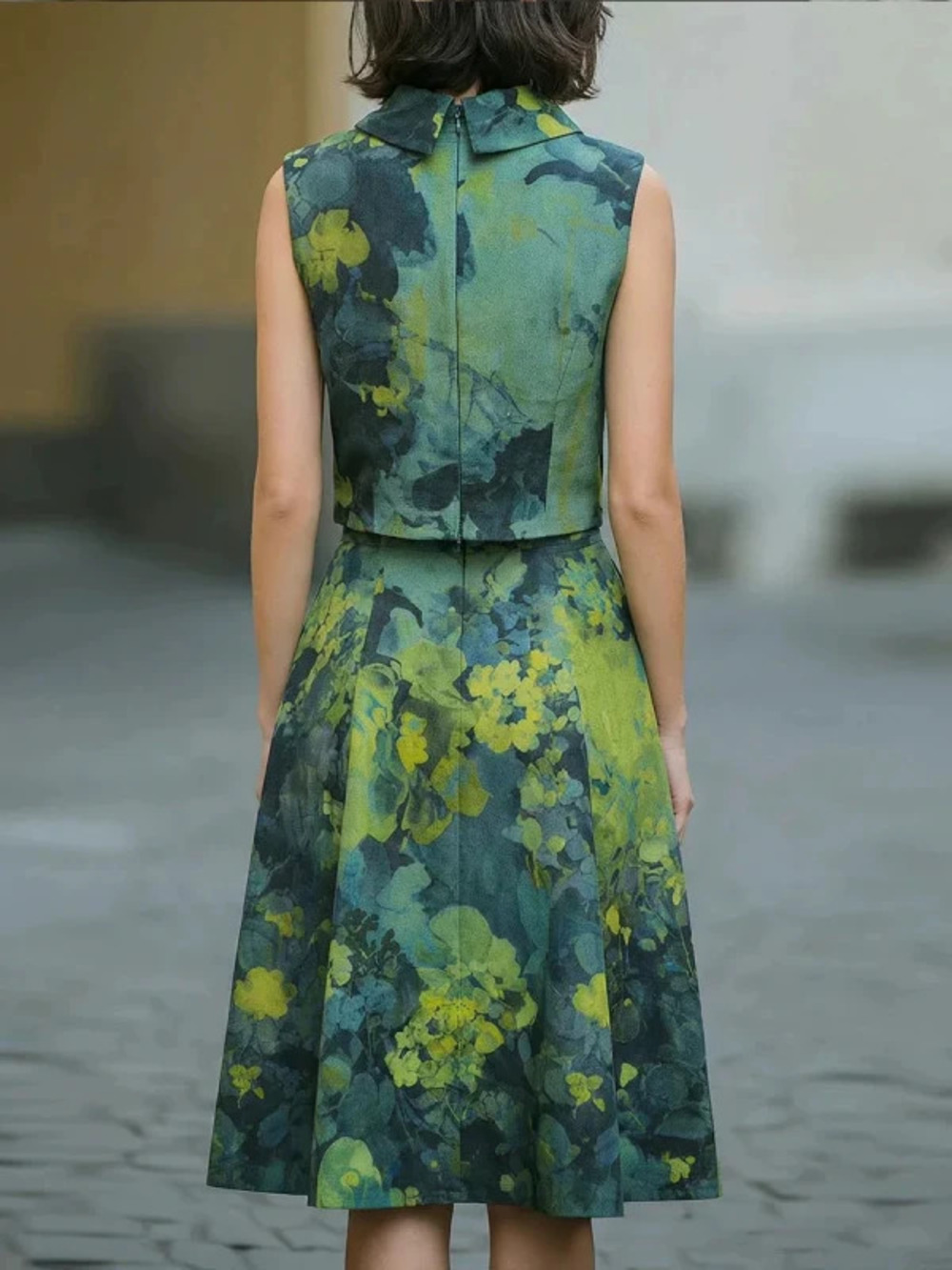 Elegant Spring Collar Cinched Waist Ruffle Print Dress